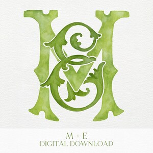 May include: A watercolor digital download featuring a green monogram with the letters M and E intertwined. The design has a decorative, ornate style with a white outline and is set against a white background. The text "M + E DIGITAL DOWNLOAD" is below the monogram.