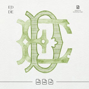 May include: A sage green monogram featuring the intertwined letters E and D, rendered in a watercolour style with fine horizontal line detailing. The design includes the text ED DE in the top left corner and file format icons at the bottom.
