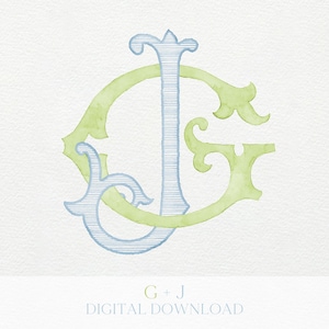 May include: Watercolor monogram design featuring the letters "G" and "J" in light blue and green. The letters are intertwined with decorative flourishes. The text "G + J DIGITAL DOWNLOAD" is at the bottom.