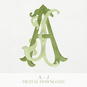 May include: Watercolor monogram design featuring the letters "A" and "J" in shades of green. The letters are intertwined with decorative flourishes. The text "A + J DIGITAL DOWNLOAD" is at the bottom.