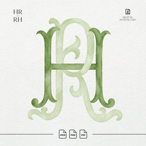 May include: A digital download featuring a watercolour monogram of the letters H and R in shades of sage and forest green. The design displays an ornate, intertwined serif font style with decorative flourishes on a textured white background.