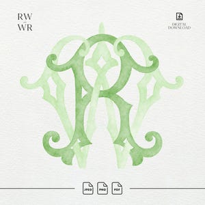 Peut inclure: Un monogramme aquarelle vert clair présentant les lettres R et W entrelacées. Le design comprend des fioritures et des volutes décoratives. Le texte dans le coin supérieur gauche indique RW WR, et le texte en haut à droite indique DIGITAL DOWNLOAD.