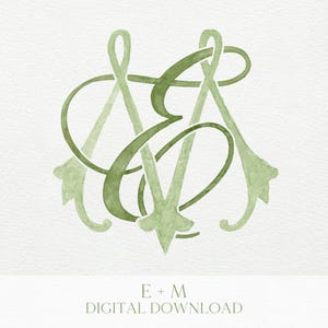 Könnte beinhalten: Aquarell-Monogramm-Design in Grüntönen mit den verschlungenen Buchstaben "E" und "M". Das Design hat einen zarten, fließenden Stil mit dekorativen Verzierungen. Der Text "E + M DIGITAL DOWNLOAD" befindet sich unten.