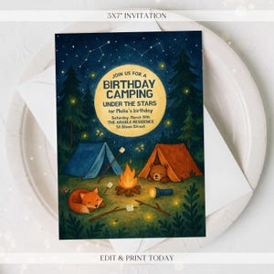 Convite de aniversário de acampamento editável - Convite digital de aniversário de acampamento de aventura na floresta - Convite de aniversário personalizado - Personalizado enviado a você