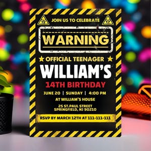 Faire-parts modifiables pour le 13e anniversaire de garçon adolescent, avertissement officiel adolescent 13e anniversaire Invitation, 13e invitation adolescent, toile 5 x 7