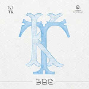 May include: A digital download featuring a light blue monogram of the letters K and T intertwined. The letter K has a horizontal line texture, while the letter T has a smooth watercolor finish. The text KT TK and digital download icons are visible.