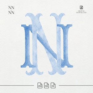 May include: A digital download featuring a large, overlapping monogram of the letter N in a light blue watercolor texture. The design includes the text NN at the top left, a download icon with the text DIGITAL DOWNLOAD, and file icons labeled JPEG, PNG, and PDF.