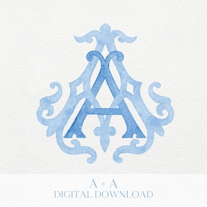 May include: A watercolor design featuring the intertwined letters "A" in shades of blue. The design has an ornate, decorative style with flourishes and scrollwork. The text "A + A DIGITAL DOWNLOAD" is at the bottom of the image.