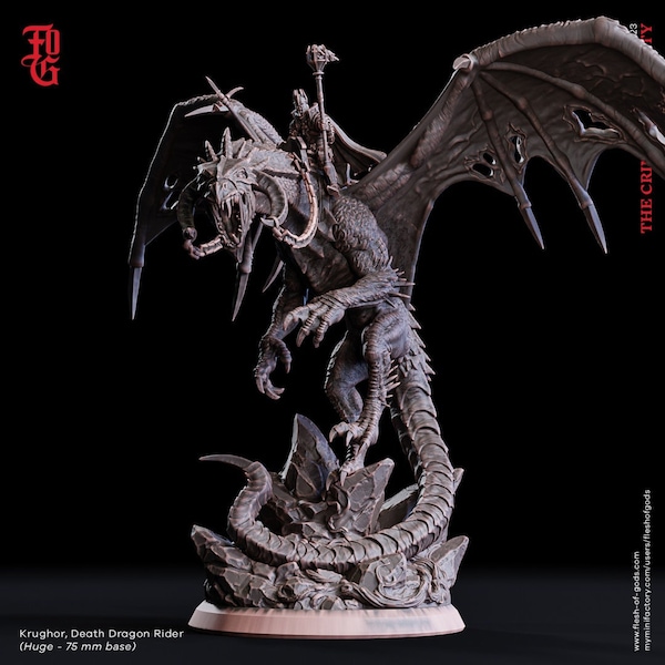 Krughor, Death Dragon Rider  by Flesh of Gods | High Quality 3D Print | Tabletop RPG Miniature Figures