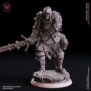 May include: A detailed miniature figure of a wasteland executioner, a skeletal figure with a hooded cloak, holding a large sword and a severed head. The figure is standing on a rocky base. The miniature is painted in a dark grey color.
