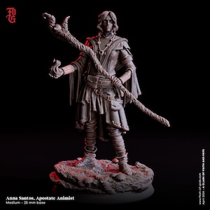 May include: A painted miniature figurine of a female character with long dark hair, wearing a dark brown robe and holding a staff with a twisted branch. The figurine is standing on a rocky base. The text "Anna Santos, Apostate Animist" is printed below the figurine.