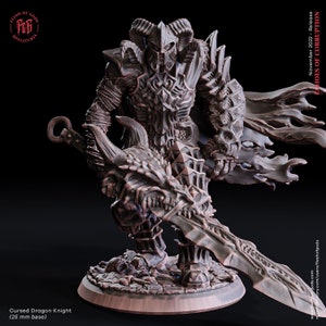 May include: A detailed miniature of a cursed dragon knight, standing on a 25 mm base. The knight is clad in dark armor with a dragon-like helmet and holds a large sword. The figure is painted in a brown and grey color scheme.