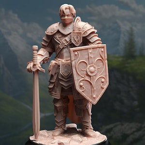 May include: A detailed miniature figurine of a knight in full armor, holding a sword and shield. The knight is wearing a helmet with a visor, and the shield has a decorative design.