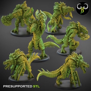 May include: A collection of green, reptilian monster figurines in various poses, each mounted on a black base. The figures have detailed scales, claws, and armor-like elements. The text "PRESUPPORTED STL" is visible at the bottom of the image.