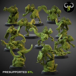 Puede incluir: Un conjunto de diez figuras de lagarto en miniatura impresas en 3D, cada una con una pose única y sosteniendo un arma. Las figuras son verdes y tienen escamas y armaduras detalladas. Las miniaturas están pre-soportadas y listas para ser impresas.