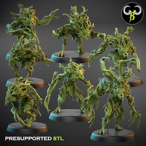 May include: A collection of green, tree-like creature figurines with detailed textures and poses. Each figure stands on a black circular base. The text "PRESUPPORTED STL" is at the bottom of the image.