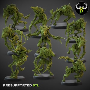 May include: A set of nine 3D printed miniature figures of green, leafy, wolf-like creatures. The figures are posed in various dynamic stances and appear to be made of a flexible, resin-like material. The figures are pre-supported and ready to be printed.