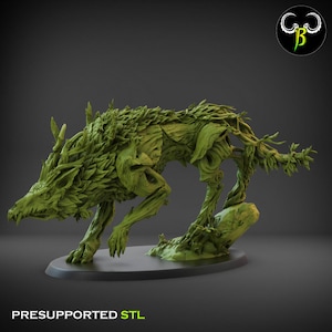 May include: A green, 3D printed model of a wolf made of vines and branches. The wolf is in a running pose with its mouth open and its eyes wide. The model is on a circular base.