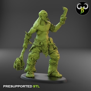 Puede incluir: Una miniatura de figura humanoide verde, detallada, impresa en 3D con un garrote en una mano y una mano levantada en la otra. La figura lleva un taparrabos y tiene una expresi&oacute;n feroz en su rostro. La miniatura est&aacute; pre-soportada para la impresi&oacute;n 3D.