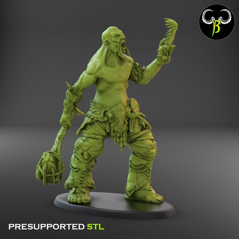 Puede incluir: Una miniatura de figura humanoide verde, detallada, impresa en 3D con un garrote en una mano y una mano levantada en la otra. La figura lleva un taparrabos y tiene una expresi&oacute;n feroz en su rostro. La miniatura est&aacute; pre-soportada para la impresi&oacute;n 3D.