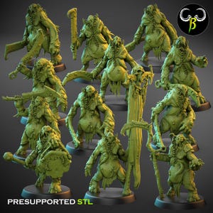 Könnte beinhalten: Eine Sammlung grüner, grotesker Fantasy-Miniaturen, jede mit einer Waffe oder einem Requisit. Die Figuren haben übertriebene Merkmale und stehen auf schwarzen Sockeln. Der Text "PRESUPPORTED STL" ist unten.
