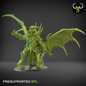 May include: A green 3D printed miniature of a demon with wings, horns, and a weapon. The miniature is pre-supported and ready to be printed.