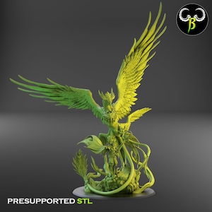 May include: A green and yellow 3D printed miniature of a bird-like creature with wings spread wide. The creature is perched on a base with a leafy design. The miniature is pre-supported for 3D printing.