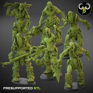 Puede incluir: Un conjunto de seis miniaturas impresas en 3D de color verde, detalladas, que representan figuras humanoides con varias armas y accesorios. Las figuras est&aacute;n en poses din&aacute;micas y parecen listas para la batalla. Las miniaturas est&aacute;n pre-soportadas y listas para ser impresas.