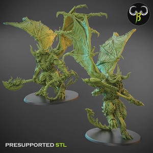 May include: Two green demon figures with large wings, horns, and weapons. The figures are on black circular bases. The text "PRESUPPORTED STL" is at the bottom of the image. A logo is in the upper right corner.