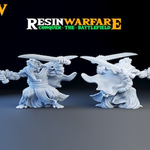 Puede incluir: Una miniatura impresa en 3D en blanco de una criatura parecida a un lagarto empuñando dos espadas. La criatura lleva una túnica fluida y tiene una expresión feroz. La miniatura forma parte de un conjunto de miniaturas de fantasía para juegos de mesa.