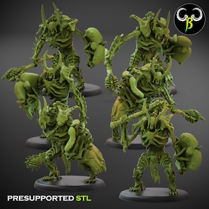 May include: Five 3D printed miniature skeletal figures with green paint, holding weapons and shields. The figures are posed in dynamic stances and are ready for tabletop gaming. PRESUPPORTED STL.