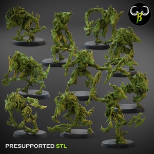 May include: A set of nine 3D printed miniature figures of wolf-like creatures with leafy, vine-like appendages. The figures are posed in various dynamic stances, holding weapons and tools made of vines and branches. The figures are painted in shades of green and brown, and are designed for tabletop gaming or role-playing.