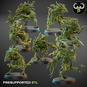 May include: A set of six 3D printed miniature figures of creatures made of wood and vines. The figures are posed in various dynamic stances and have detailed textures. The figures are printed in a green color and are ready to be painted.