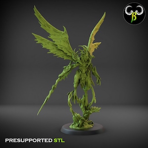 May include: A green, 3D-printed fantasy figure with large, detailed wings and a flowing, plant-like form. The figure is mounted on a round base. The text "PRESUPPORTED STL" is at the bottom.