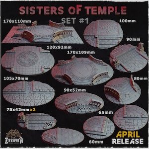 May include: A collection of gray miniature temple bases with intricate designs, including circular and rectangular shapes. Sizes range from 60mm to 170mm. The text "SISTERS OF TEMPLE SET #1" and "APRIL RELEASE" are visible.