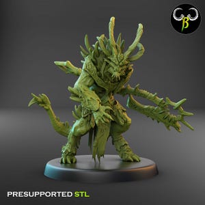 May include: A green, detailed, 3D printed miniature of a creature with a spiky, horned head, a long tail, and a weapon in its hand. The miniature is posed in a dynamic stance, ready for battle. The miniature is labeled "PRESUPPORTED STL".