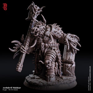 May include: A detailed miniature of a demonic creature, Archdevil Malakar, with a large axe and a 75 mm base. The miniature is made of a dark brown plastic and has a textured surface.