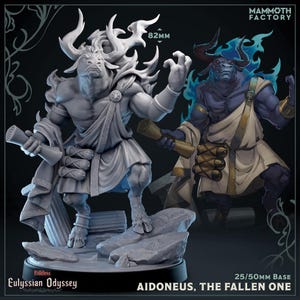 May include: A gray, 82mm tall, miniature figure of Aidoneus, The Fallen One, from the Eulyssian Odyssey collection. The figure is a minotaur-like creature with horns, holding a scroll. A second, painted version is also shown.