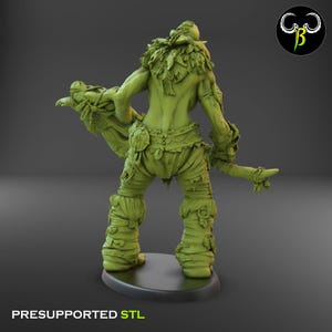 Puede incluir: Una figura en miniatura de fantas&iacute;a femenina verde con un hacha grande y un taparrabos de piel. La figura est&aacute; en una postura din&aacute;mica, lista para la batalla. La miniatura est&aacute; pre-soportada y lista para ser impresa.