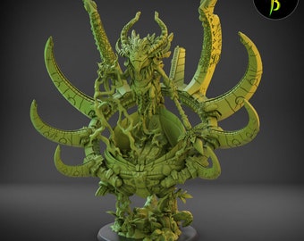 May include: A green 3D printed miniature of a creature with a bird-like head and multiple arms, sitting on a circular base. The creature is surrounded by intricate details and appears to be holding a large, round object.