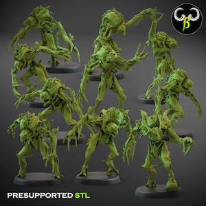 May include: A set of eight 3D printed miniature figures of green, humanoid creatures with tree-like features. The figures are posed in various dynamic stances and have detailed textures. The text "PRESUPPORTED STL" is visible at the bottom of the image.