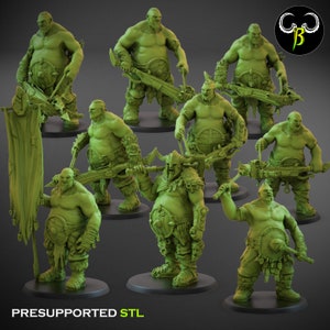 May include: A set of nine green plastic miniature figures of orcs, each holding a weapon and shield. The figures are posed in various fighting stances. The figures are pre-supported and ready to be printed.