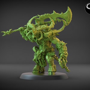 May include: Green miniature figurine of a horned, monstrous creature wielding a large axe and a spear. The creature is wearing armor and has a fierce expression.