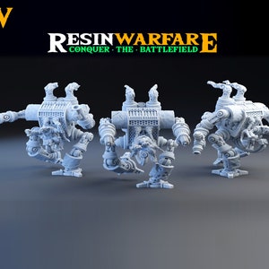 May include: Three gray, detailed, plastic miniature models of walking robots with multiple articulated limbs and weapons. The robots are posed in different stances. The text "RESINWARFARE CONQUER THE BATTLEFIELD" is visible in the background.