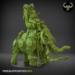 May include: A green, furry, mammoth-like creature with a horned helmet and a rider on its back. The rider is a warrior with a horned helmet and a shield. The creature is standing on a base. PRESUPPORTED STL.