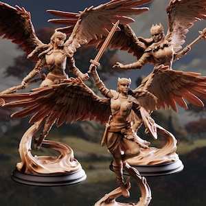 May include: Three detailed statues of winged figures in warrior attire. Each figure has large, intricately carved wings and is posed with weapons, including swords and a staff. The statues are in a warm, earthy tone, suggesting a bronze or wood material.