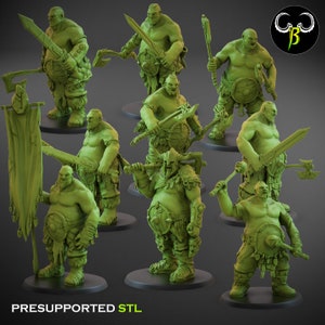 May include: A set of nine 3D printed miniatures of green, stout, fantasy warriors. Each miniature is holding a weapon and shield. The miniatures are pre-supported and ready to be printed.