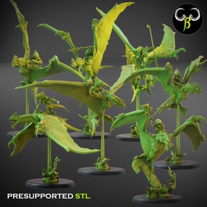 May include: A set of nine 3D printed miniature figures of winged creatures with riders. The figures are green and are posed in various flying positions. The figures are pre-supported and ready to be printed.