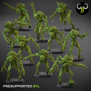 May include: Ten 3D printed miniature figures of green, leafy, humanoid creatures with intricate details. The figures are posed in various dynamic stances and appear to be made of wood or bark. The text "PRESUPPORTED STL" is visible at the bottom of the image.