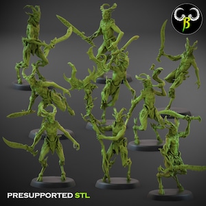 May include: A set of nine green, detailed, pre-supported 3D printed miniatures of humanoid figures with horns and leafy appendages. The figures are posed in various dynamic stances, holding weapons and tools made of wood and bone. The text "PRESUPPORTED STL" is printed at the bottom of the image.